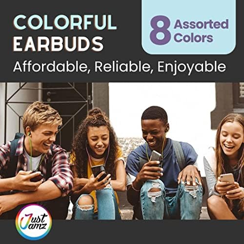 JustJamz fones de ouvido a granel Roll | 10 pacote de fones de ouvido coloridos, fones de ouvido com smartphones e laptop, fones de ouvido descartáveis ​​para crianças e adultos, cores variadas