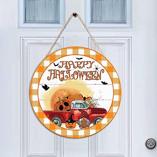 Happy Halloween Wood Door Sign, Happy Halloween Gnome Welcome da porta da frente Round Wood Sign, 18 x 18 Placa de penduramento