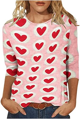 3/4 de manga Tshirt do Dia dos Namorados para Mulheres Coração Graphic Print Bloups Tees Tops 2022 Pullovers casuais para