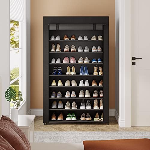 Tribesigns Shoe Rack, 9 Sapatos de camada Organizador de rack de armazenamento com tampa de tecido não tecido, prateleira de armazenamento de sapatos para 40-50 pares de sapatos, sapatos altos pretos, prateleiras