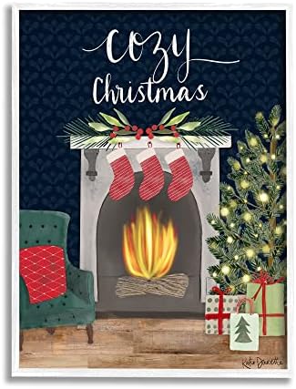 Stuell Industries Cosy Christmas Fireplace mantle Arte de parede emoldurada, design de Katie Doucette