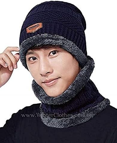 Chapéu de gorro de inverno Conjunto de lenço de malha quente para homens/mulheres | Unissex lã grossa ladeada no pescoço de inverno