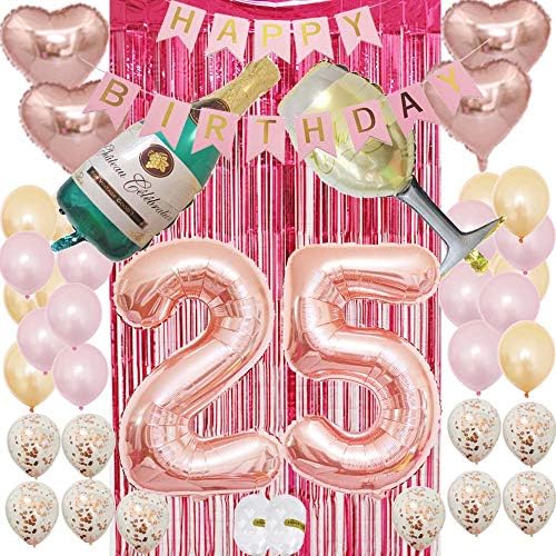 Decorações de 25º aniversário para mulheres ouro rosa | 25ª festa de festas de aniversário favores kit kit de balão-rosa Banner de feliz aniversário | Balões de confete | Cortina de folha vermelha como pano de fundo Fotos de adereços