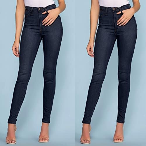 Calça jeans para mulheres jeans altos casuais mid escuro calças azuis calças bolsos