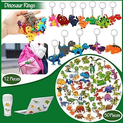 Favores da festa de dinossauros para crianças, 134 favores de festa dino com pulseiras de tapa, chaveiros, anéis de borracha, adesivo