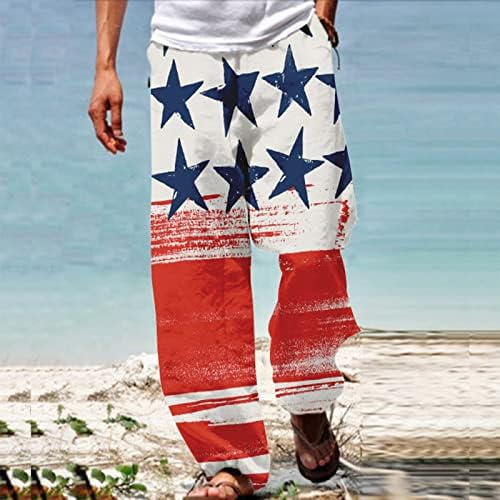 Calça de linho casual masculino Dia da Independência Americana 3D Impresso Fit Loose Fit Caísta de Coloque Summer Summer Beach Yoga