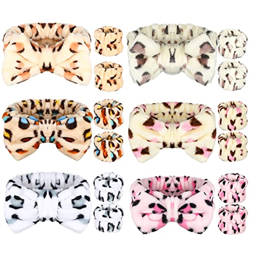 HiCarer 18 PCs Leopard Print Spa Bandada de cabeça e pulseira Conjunto de pulseira elástica Maquiagem de bandana da cabeça