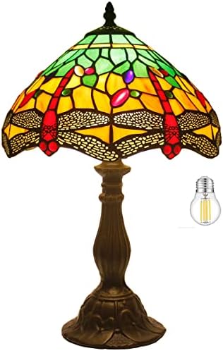 WerFactory Tiffany Table Lamp Green amarelo manchado de vidro Dragonfly Lâmpada de cabeceira de cama Luz de leitura Luz de 12x12x18 polegadas Decoração quartos da sala de estar em casa S009G Series