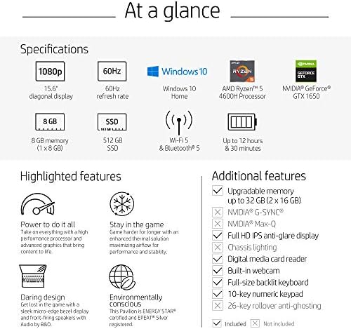 HP Pavilion Gaming 15 Laptop, Nvidia GeForce GTX 1650, AMD Ryzen 5 4600H, 8 GB DDR4 RAM, 512 GB PCIE NVME SSD, 15,6 Full