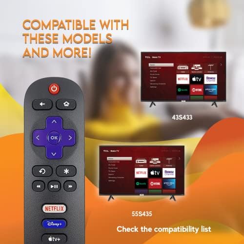 Ceybo OEM 21001-00071 Controle remoto para a TV TCL ROKU Inclui Netflix, Disney+, Apple TV e HBOMAX FORTCUTS 32S327, 32S335, 43S433,