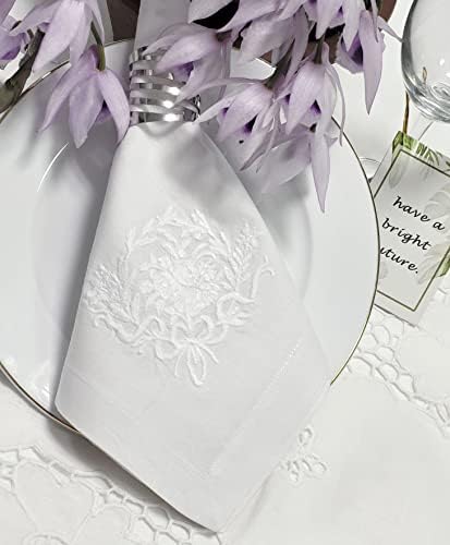 Bordado de Quang Thanh - guardanapos de algodão bordados de 18 ”x18” com design de flores de fita branca, conjunto de 6