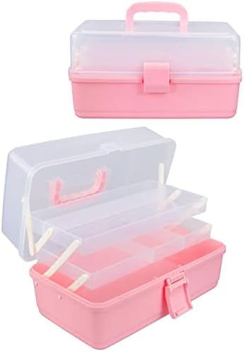 Caixa de arte de artesanato rosa becocudo 3 camadas Caixa de armazenamento portátil de plástico com alça de costura de unhas Organizador rosa Caixa de ferramentas de armazenamento de suprimento de cabelo