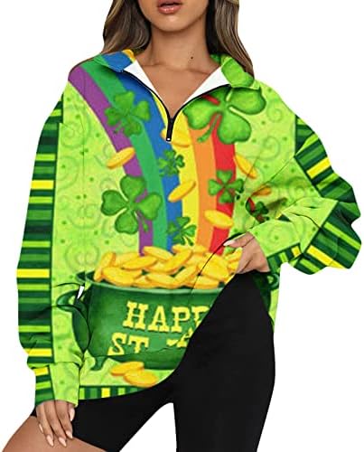 FAMOORE MOMENS Roupas Moda feminina Moda de tamanho grande Pullover com zíper de manga longa St Patricks Papuzes de impressão do dia Mulheres Zipper