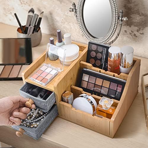 Caixa de armazenamento de organizador de maquiagem de mesa de bambu ikkle com gaveta para banheiro/cômoda, 9 slots destacáveis ​​para