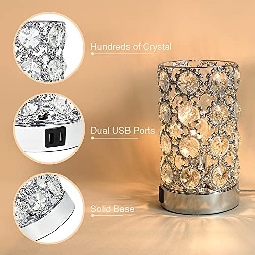 Luminária de mesa de controle de toque de cristal hoiusef com 2 portas de carregamento USB, luz da mesa de cabeceira com tonalidade de cristal, lâmpada de mesa de cabeceira diminuída de 3 vias para quarto/camarim