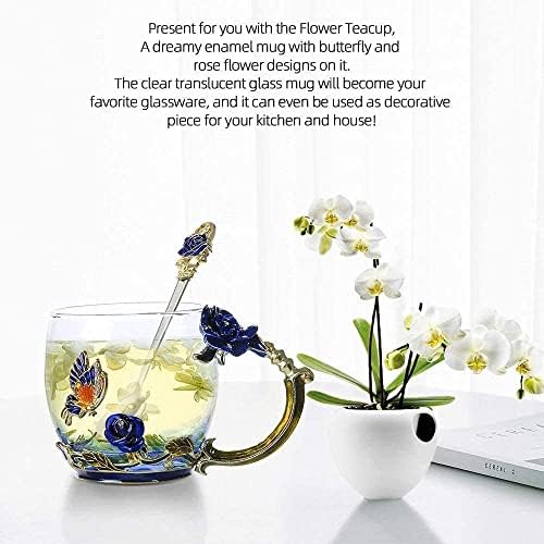 Caneca de chá de chá de esmalte SPUIK com caixa de presente, copos de chá de flores artesanais mulheres canecas de chá de vidro