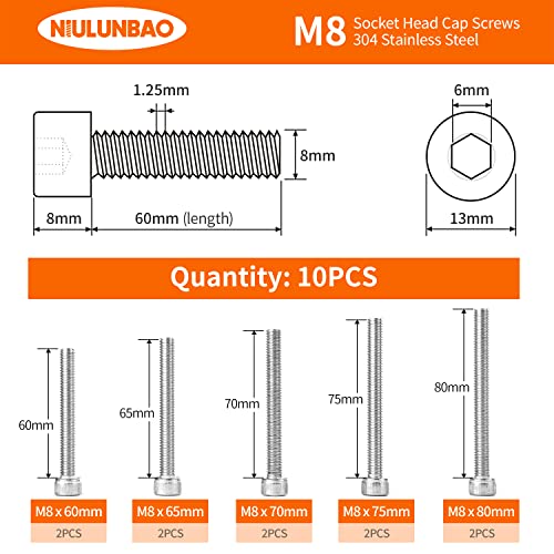 Niulunbao M8 x 60mm 65mm 70mm 75mm 80mm parafusos de tampa da cabeça de soquete de cabeça de 80 mm, 304 aço inoxidável, métrica totalmente rosqueada, acionamento hexagonioso da máquina, acabamento brilhante, kit de sortimento 10pcs