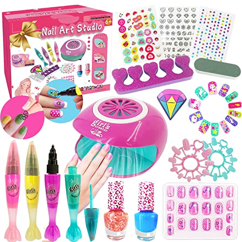 Kit de unhas para meninas - Kids Kitchine esmagador com secador de unhas, canetas de esmalte, unhas falsas pegajosas,