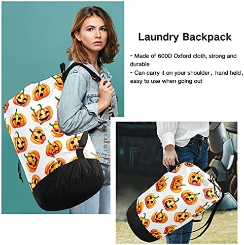 Scary Pumpkin Happy Halloween Laundry Bolsa de lavanderia pesada Mochila com alças de ombro Handles Travel Saco de lavanderia
