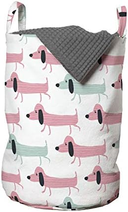 Bolsa de lavanderia de Ambesonne Dachshund, padrão com cães engraçados de salsicha de desenho animado, cesta de cesto com alças fechamento de cordão para lavanderia, 13 x 19, rosa -marítima