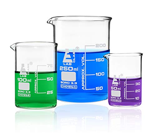 Bipos de vidro de 3pc premium Conjunto de copos, 50ml, 100ml, 250 ml - copos de laboratório de baixa forma - Borossilicate