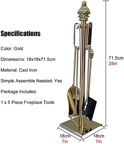 Ferramentas de lareira definem acabamento em ouro, ferramentas de 5 peças fortes de ferro forjado com poker, pá, pinças, escova antiga,