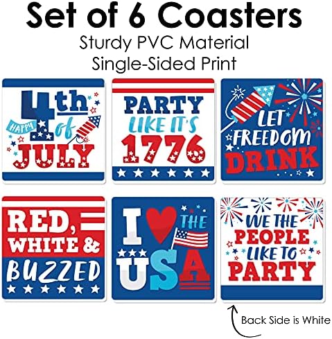 Big Dot of Happiness Firecracker 4 de julho - Decorações de festas vermelhas, brancas e azuis engraçadas - Coasters de bebidas