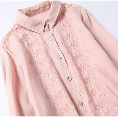Vestido de camisa de botão feminina vestido de algodão de algodão de verão bordado Floral 3/4 Sleeve Slavestring Waist Flowy Dress