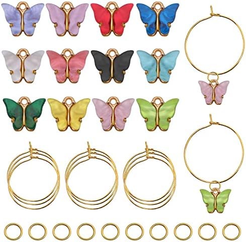 Wooobd 24pcs Golden Wine Glass Charms Rings Marker e 24pcs KC Golden Open Jump Rings com 24pcs acrílico colorido encantos de borboleta para caules de degustação de vinhos decoração