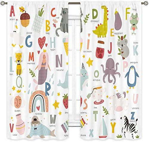 Cinbloo Kids Alphabet ABC Cortina para quarto de berçário 42wx63h polegada haste cartoon animal alfabeto engraçado Aprendizando ferramentas educacionais decoração de parede menino menina garoto de brincadeira de janela de sala de jogos 2 painel