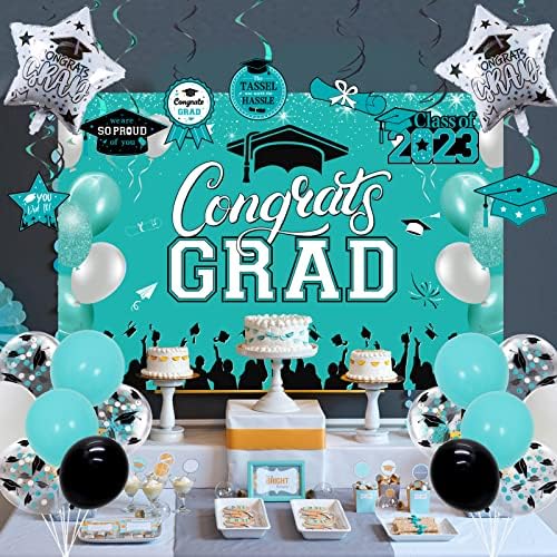 Decorações de festa de graduação em azul -petrário 2023 turquesa parabéns aula de banner de pano de fundo de 2023 Surpreços