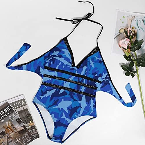 Shark Camo Feminino One Piece Swimsuit Halter Tummy Control Bathing Suits Lace Up Swardwear
