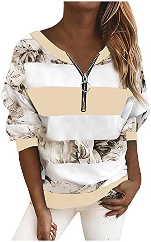 Grge beuu feminina feminina estampa casual com manga longa pullover t supra camisetas ao ar livre 1/4 zíper jumpers