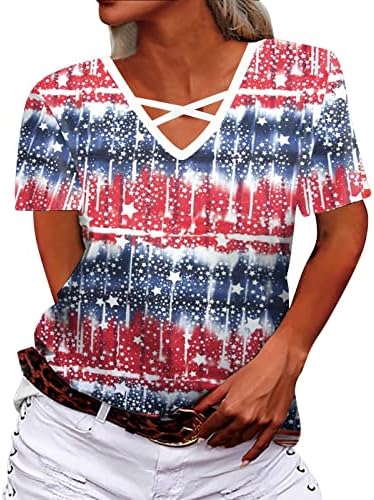 Mulheres no topo do verão europeu e americano, senhoras quentes impressas de mangas curtas de mangas curtas, camiseta do dia da independência