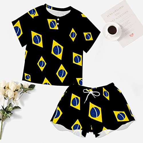 Pijama feminino do Brasil Conjunto de mangas curtas Camisa e conjunto de roupas de sono shorts