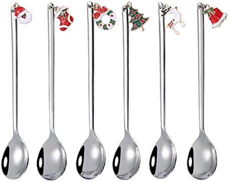 6pcs colher de natal, presentes de natal de café sobremesa colher de aço inoxidável com pingente de Natal Misturando colheres