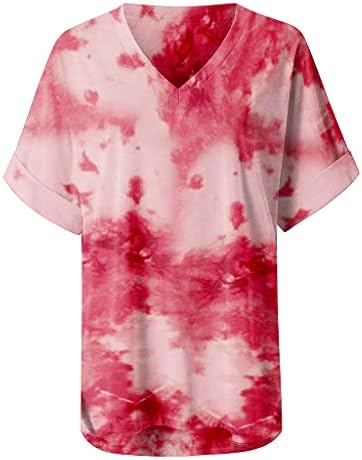 Camisas de manga curta de tie-dye para mulheres, tampos de decote em V de Moda Ladies, 2023 Trendy Hawaiian Loose Pullovers Summer