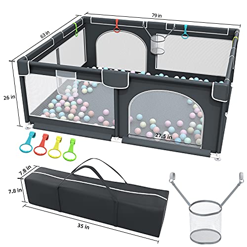 Baby Playpen, 79 x 63 polegadas de playpen extra grande com 50 PCs Balls Ocean Balls, Indoor & Outdoor Kids Activity Center, portões