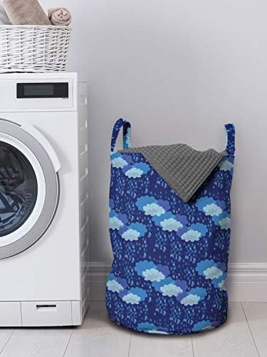 Bolsa de lavanderia índigo lunarável, padrão climático com gotas de chuva e nuvens desenhando design de estilo simplista,