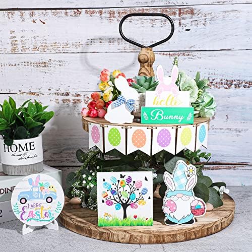 11 PCS Decorações de bandeja em camadas de Páscoa Bunny ovos de madeira Sinais de madeira Sinais de mesa de madeira Páscoa Decoração de madeira de madeira de Páscoa com suporte para Spring Holiday Combettop Centerpieces Festas de festa em casa