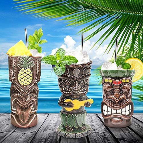 Conjunto de canecas Tiki suprobarware de canecas de festa havaiana de 4 - canecas grandes de bebidas, canecas de barra tiki para coquetéis, copos tropicais para festa exótica - TJB02