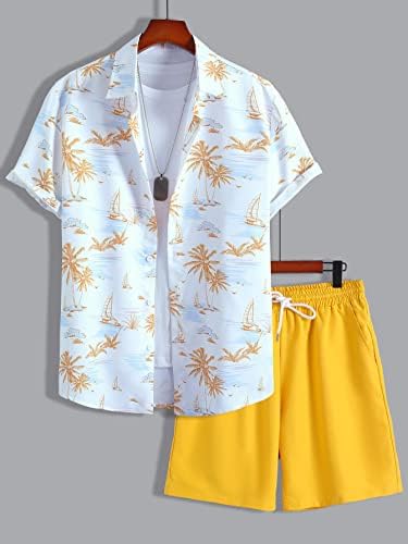 OSHHO Roupas de duas peças para homens camisa de impressão tropical aleatória e shorts de cintura de cordão sem tee