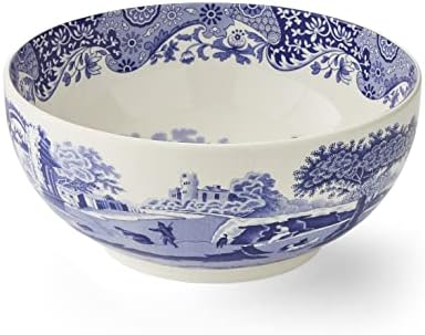 Spode azul italiano tigela redonda profunda italiana | 10,75 polegadas de porcelana para salada | Display de frutas para o balcão da cozinha | Seguro de microondas e lavadora de louça | Feito na Inglaterra