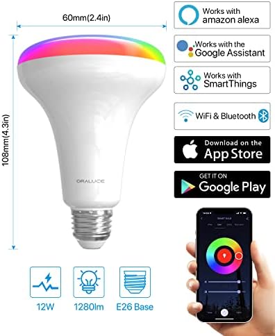 Lâmpadas de oraluce Smart Br30, lâmpadas de inundação de LED, trabalham com o Alexa Google Assistant, 12W 100W equivalente,