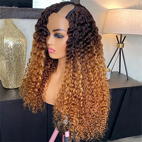 Ombre honey loira u parte peruca 180% densidade de densidade de glueless de cabelo humano cacheado nenhuma renda para mulheres