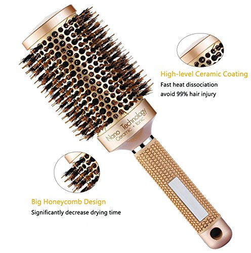 Solanar Nano Cerâmica térmica e escova de cabelo de barril redondo lônico com cerdas de javali natural, para secagem de cabelo,
