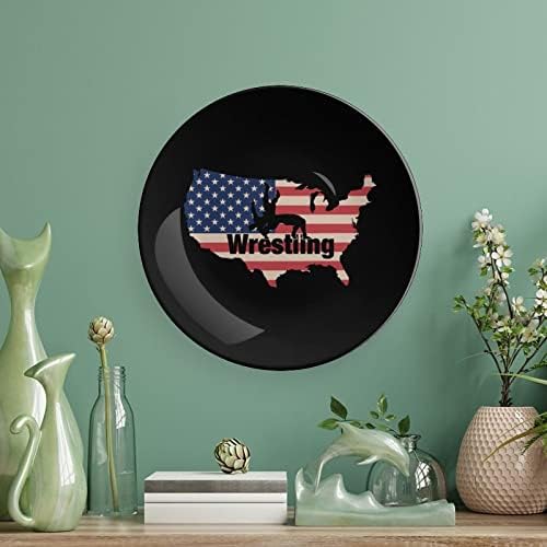 American Wrestling Flag Design Vintage Bone China Decor Plate com Stand Round Decorative Plate Home Wobble-Plate