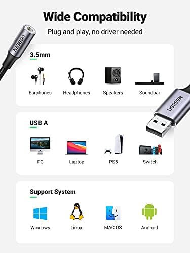 Ugreen USB a 3,5mm Adaptador de áudio Jack Adaptador USB Suporte de placa de som MIC TRRS fone de ouvido DAC 24bits 96khz Nylon trançado