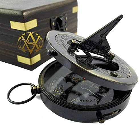 Sun Dial Compass com caixa de madeira/estojo Náutico Design Antigo Sun Partis