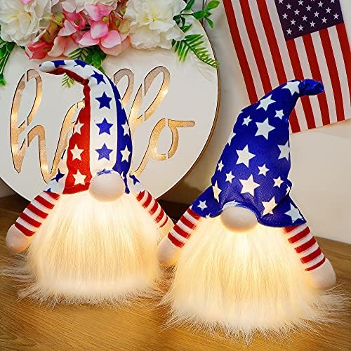 Juegoal 10.5 Gnomos de pelúcia patriótica iluminados, 4 de julho Decorações feitas à mão tio americano Sam Tomte Light Up Elf, estatueta